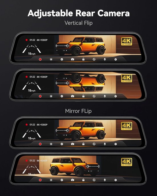 Inefala 4K Achteruitkijkspiegelcamera met wifi, dashcam voor en achter met WDR, 9,66 inch touchscreen, achteruitkijkspiegel, achteruitrijcamera, parkeermonitor, reverse assist, ADAS, inclusief 64 GB