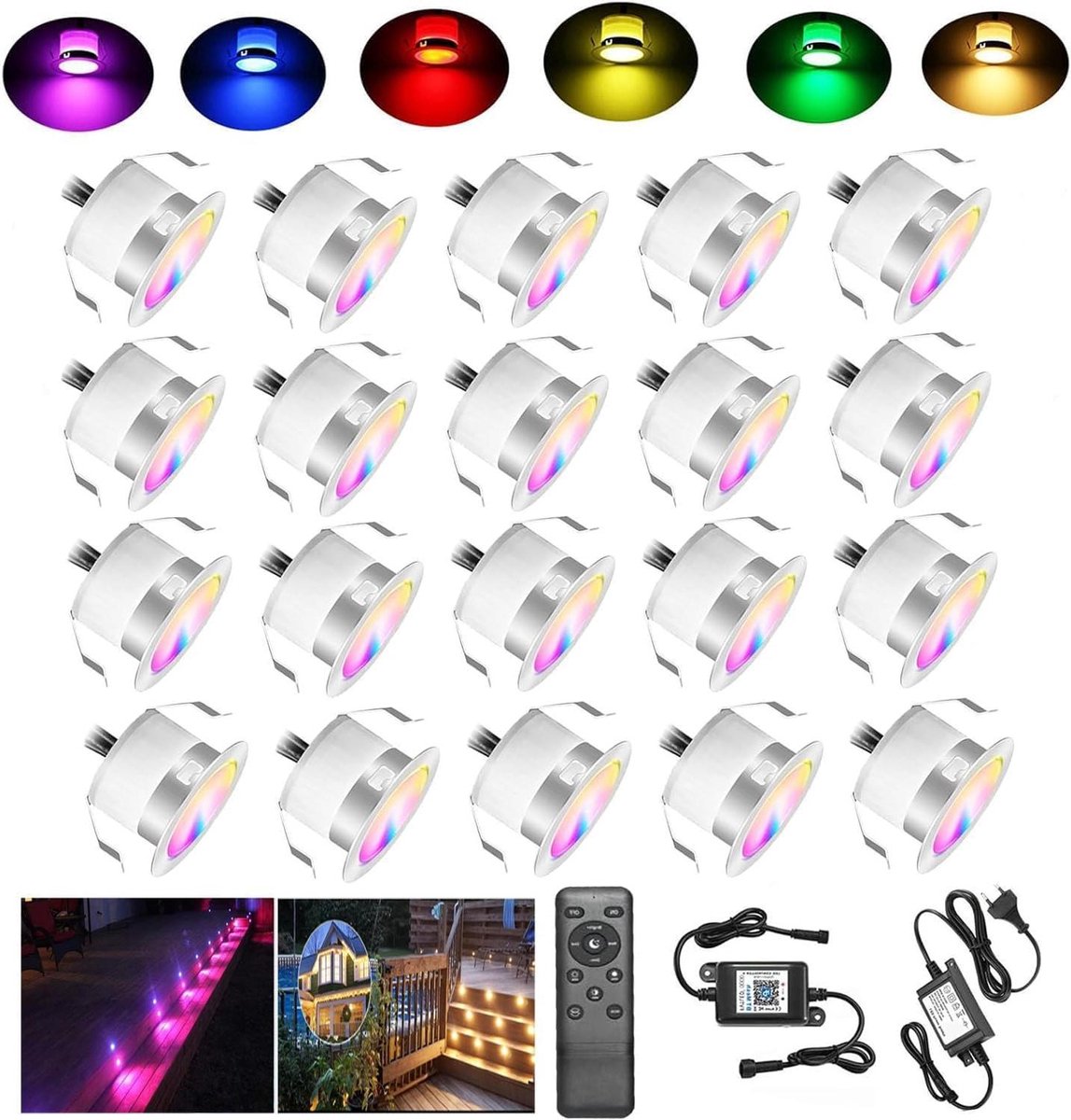 Provento - Set van 20 WiFi RGB + warm wit LED-inbouwlampen voor terrasverlichting, compatibel met Alexa en Google Home. IP67 waterdichte LED inbouwlampen voor terrassen.