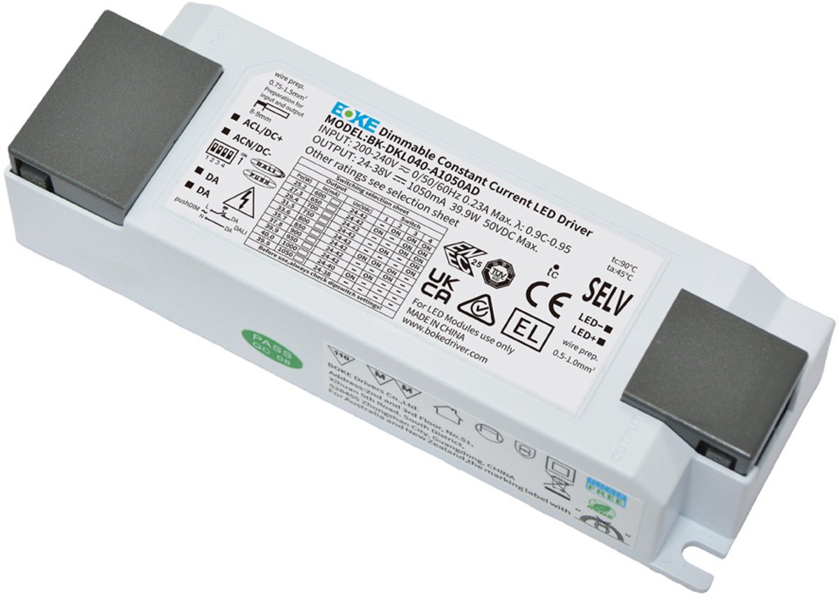 Dimbare LED Paneel transformator - 40W - BOKE DALI-2 + pushDIM - 24-42V DC - 0,6-1,05A Constante Stroom - IP20 LED-transformator voor binnenshuis gebruik