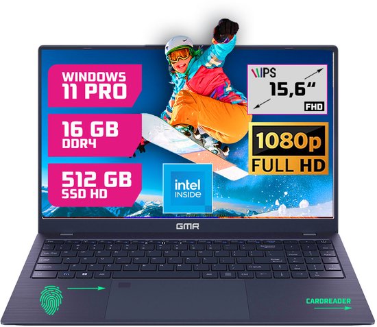 GMR - 15.6 Inch Full HD Laptop - Intel N95 - 16GB DDR4 RAM - 512GB SSD - Windows 11 Pro voor Thuis, Office en Studie notebook