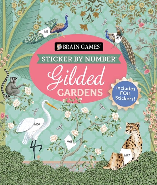 Brain Games Sticker by Number: Gilded Gardens met pauwen, een ooievaar, lemuur en cheeta in een weelderige tuin.
