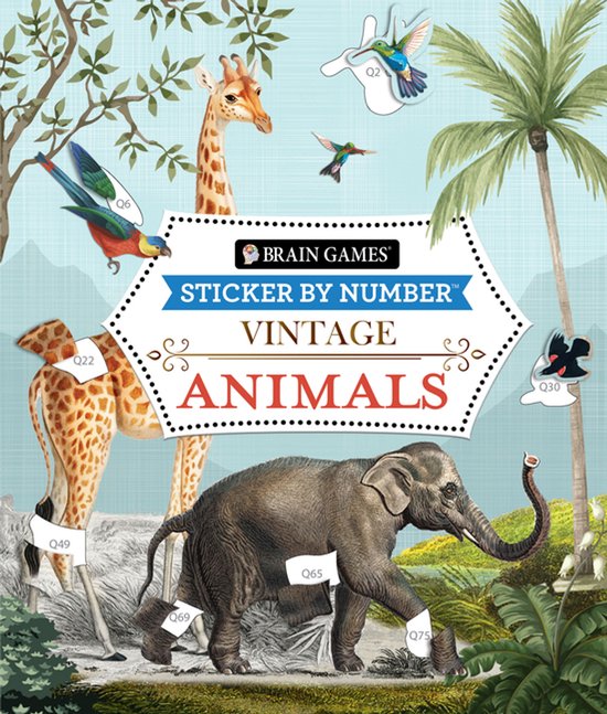 Boek met een giraf, olifant, en vogels, getiteld 'Brain Games Sticker by Number Vintage Animals'.
