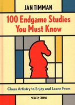 Boek "100 Endgame Studies You Must Know" van Jan Timman met een rood schaakpaard op een abstracte achtergrond van gekleurde vlakken.