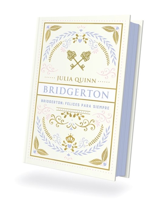 Boek 'Bridgerton' van Julia Quinn met een crèmekleurige kaft, versierd met gouden en lavendelkleurige kransen, harten en sleutels.