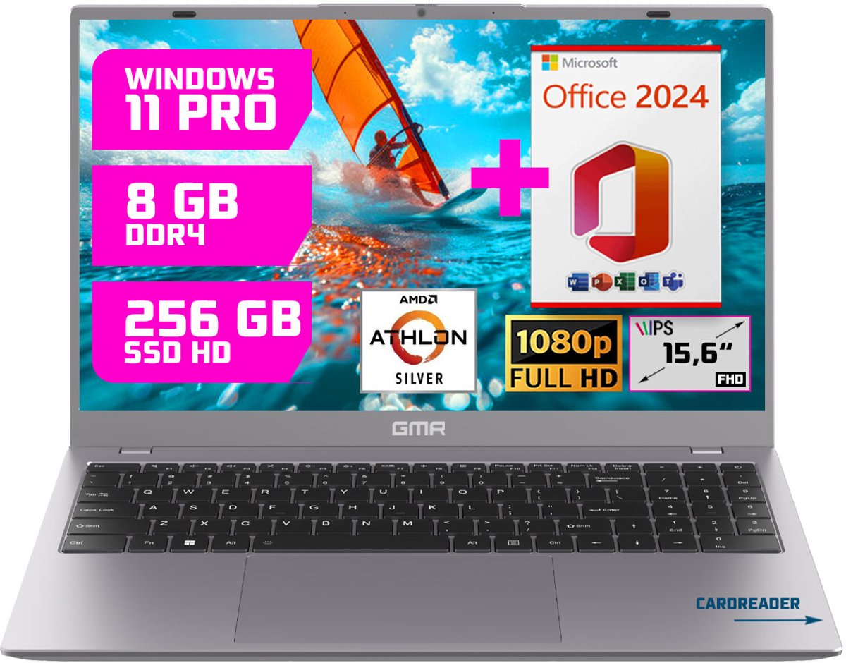 GMR 15.6" Laptop voor Thuis & Studie - Athlon Silver - 8GB/256GB - Windows 11 Pro + Office 2024