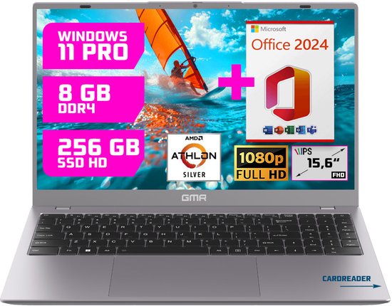 GMR 15.6" Laptop voor Thuis & Studie - Athlon Silver - 8GB/256GB - Windows 11 Pro + Office 2024