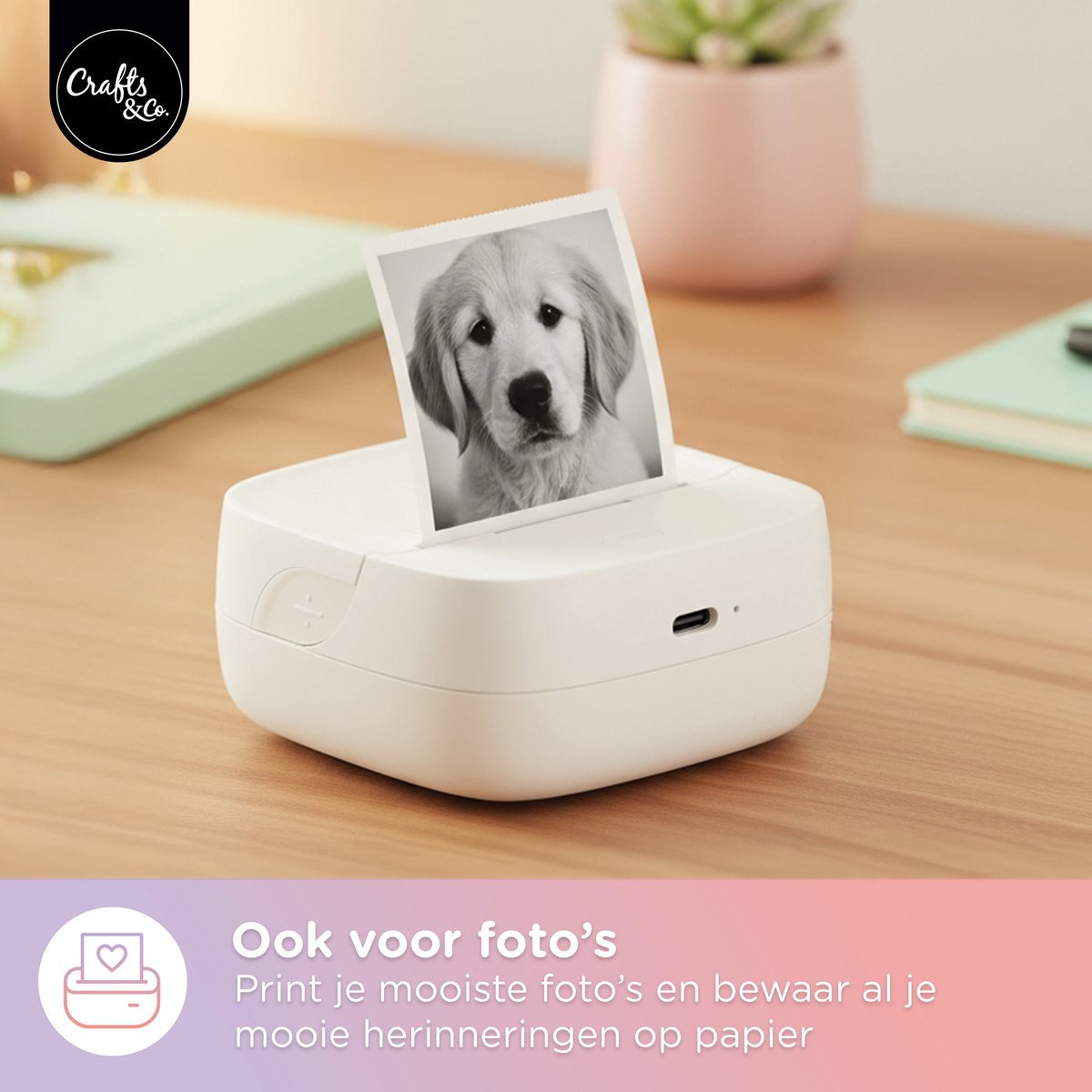 Crafts&Co Mini Pocket Printer met 13 Rollen en 6 Stiften - 24-Uur Batterij - Mobiele Fotoprinter - Interactief Montessori Speelgoed - Draagbare en Thermische Printer - Cadeau voor Jongens en Meisjes - 6, 7, 8, 9, 10, 11, 12, 13, 14+ Jaar - Wit — afbeelding 4