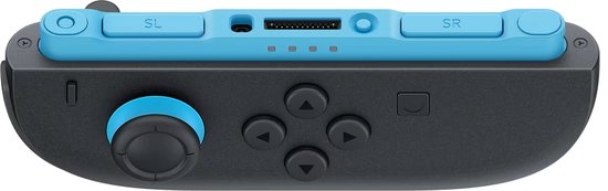 Blauwe Joy-Con controller met SL/SR knoppen, 4 controlelampjes, joystick en een D-pad.