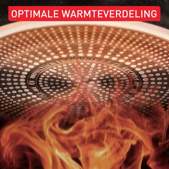 Onderkant van een zwarte koekenpan met inductietechnologie, met vlammen eronder.