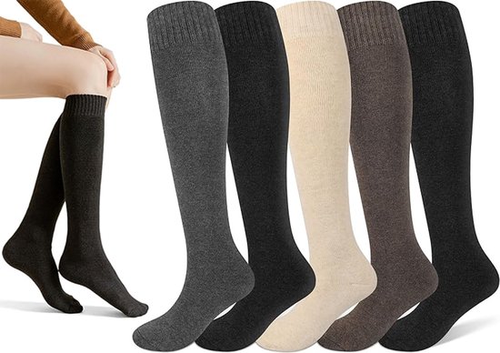 5 Paar Katoenen Kniekousen Dames - Vochtafdrijvend - Winter Kniekousen Warme Lange Laars - Naadloos - Warme Kniekousen - Dames Warme Sokken - Comfortabele Steunkousen - Voorkom Pijnlijke Benen en Voeten - One Size 5 Kleur