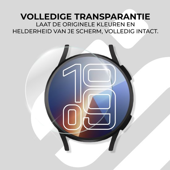 Rond gehard glazen screenprotector op een smartwatch met de cijfers 19 en 09 in witte lijnen.
