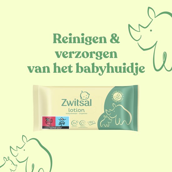 Zwitsal babydoekjes met lotion en een afbeelding van een neushoorn met jong.