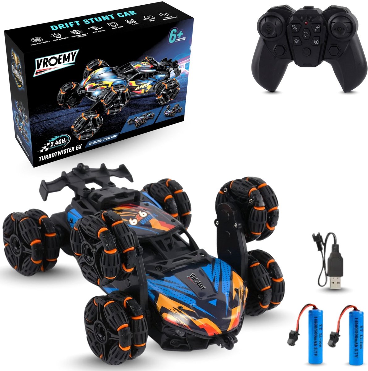 VROEMY TurboTwister Bestuurbare Auto - Stuntauto 6 Wielen - Spray & LED — afbeelding 7