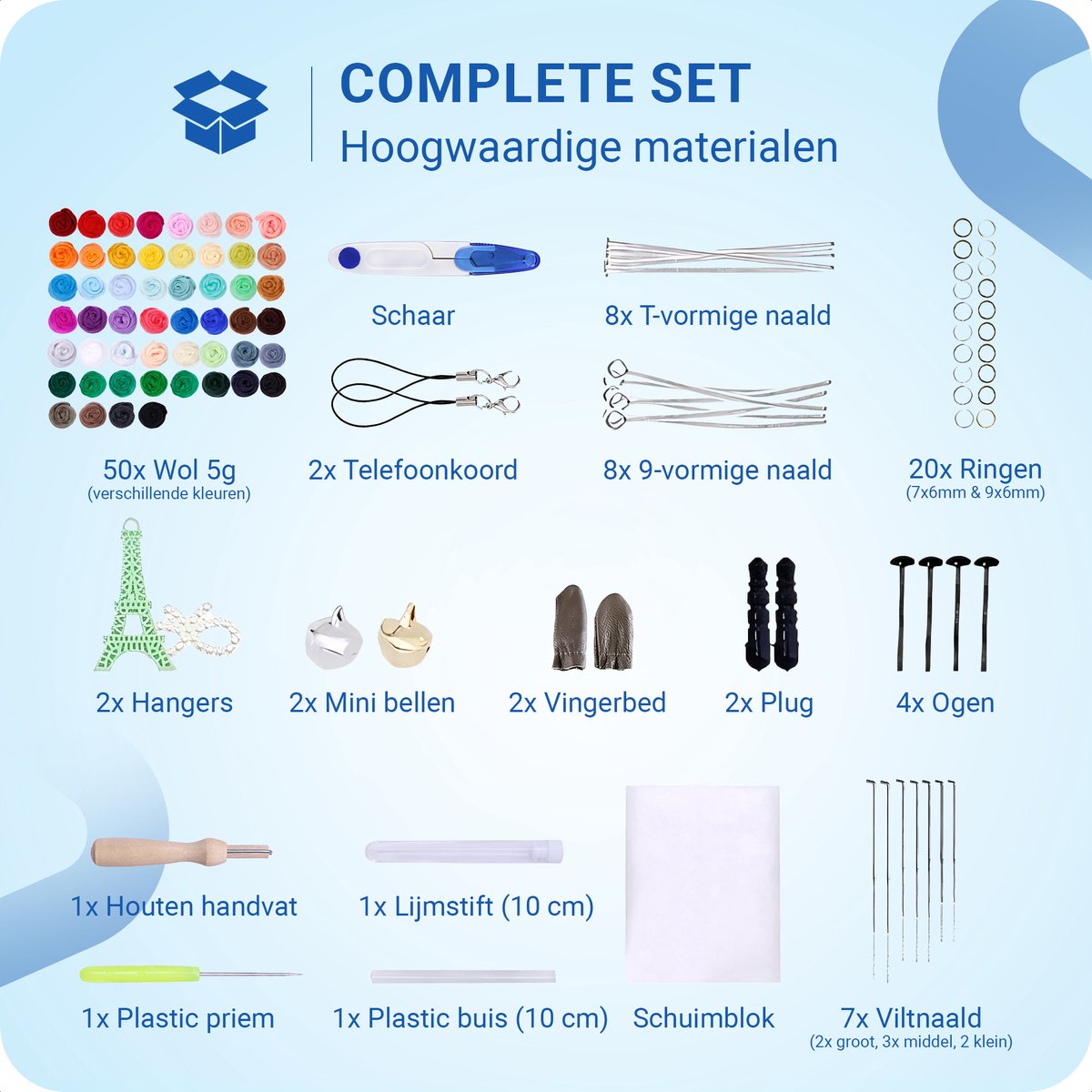 JT Products Naaldvilten Starterset Met 50 Kleuren 250 Gram Viltwol - 5 Gram Wol per Kleur + 63 Tools - 113 Stuks - Needle Felting Pakket - Knutselen Voor Beginners & Gevorderde - 7 Viltnaalden Vilten - Naald Vilt Kado - Knutsel Naaldvilt Cadeautjes — afbeelding 2