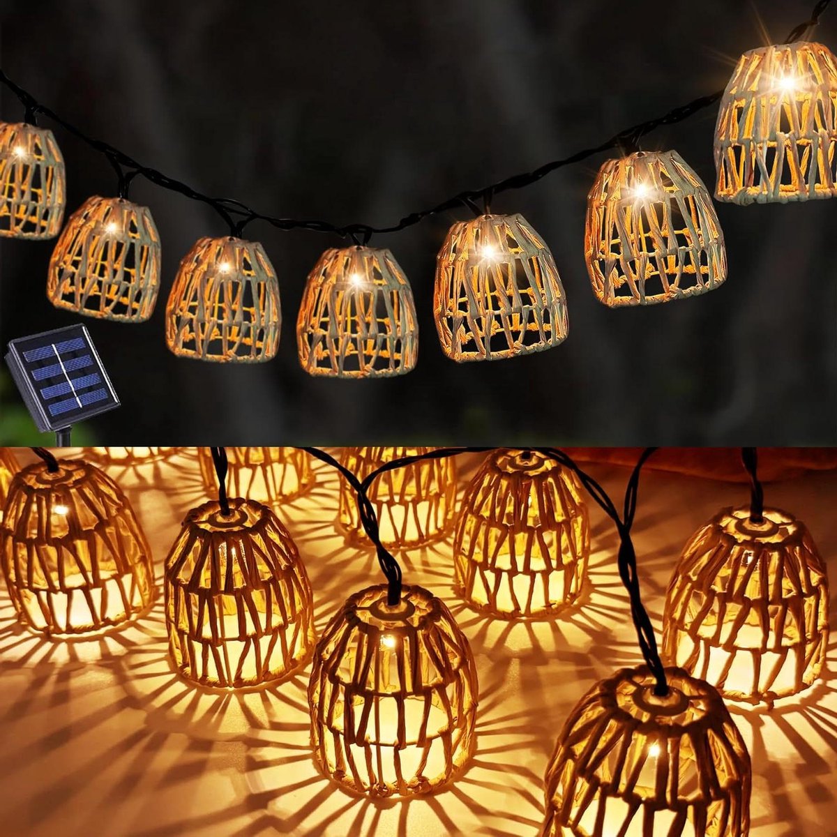 Provento - Lichtsnoer op zonne-energie voor buiten met 10 LED's rotan bol - Lampions LED lichtketting weerbestendig waterdicht zonnelampen tuin outdoor