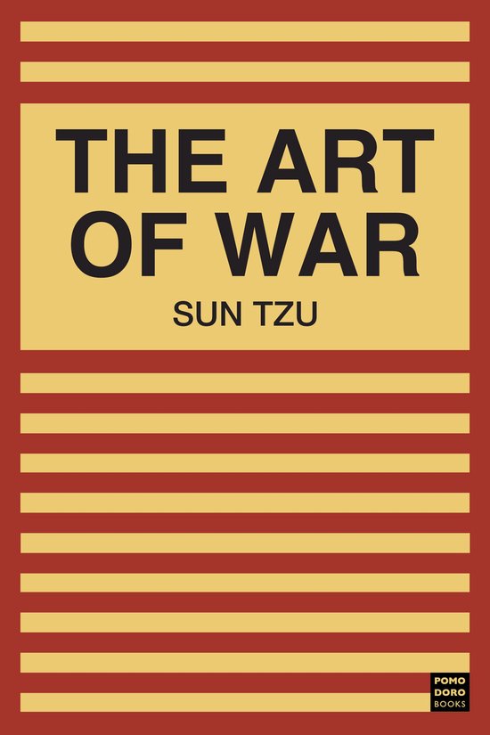 Boekomslag met de titel "THE ART OF WAR" door SUN TZU op een gele achtergrond met rode horizontale strepen.