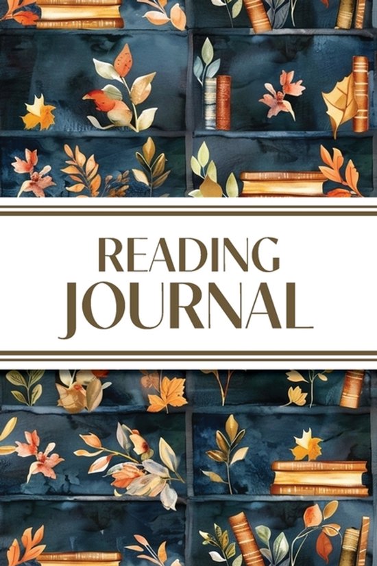 Page de couverture d'un journal de lecture avec des feuilles d'automne aquarelle et des étagères à livres. Texte : READING JOURNAL.