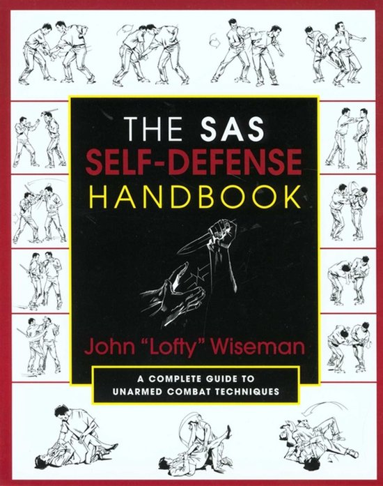 De cover van "The SAS Self-Defense Handbook" door John "Lofty" Wiseman, met illustraties van vechttechnieken.