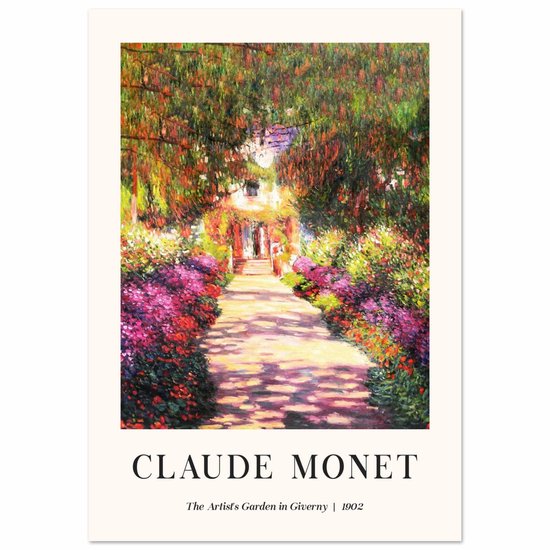 Een poster met Claude Monets schilderij 'The Artist's Garden in Giverny' uit 1902. Een pad door een tuin vol paarse, rode en witte bloemen onder bomen.