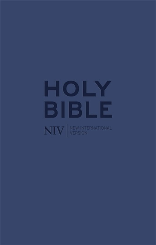 NIV Tiny Navy Soft-Tone Bijbel met rits. De cover is effen donkerblauw met de tekst 'HOLY BIBLE NIV NEW INTERNATIONAL VERSION' in reliëf.