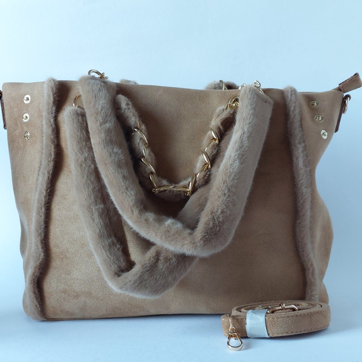 Khaki hand- en schoudertas – Suède look – Ruim – Teddy stof – Messing details