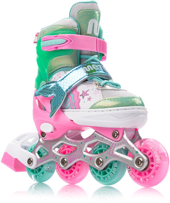 Roze en turquoise skeelers, ombouwbaar tot schaatsen, met glinsterende accenten en zeemeerminnenstaart.
