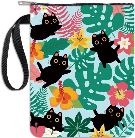 Foto: Zwarte kat boekhoes met tropische planten print en bloemen boekbeschermer voor paperbacks wasbare stoffen omslag met rits ideaal voor boekenliefhebbers en als klasgenoot geschenk 