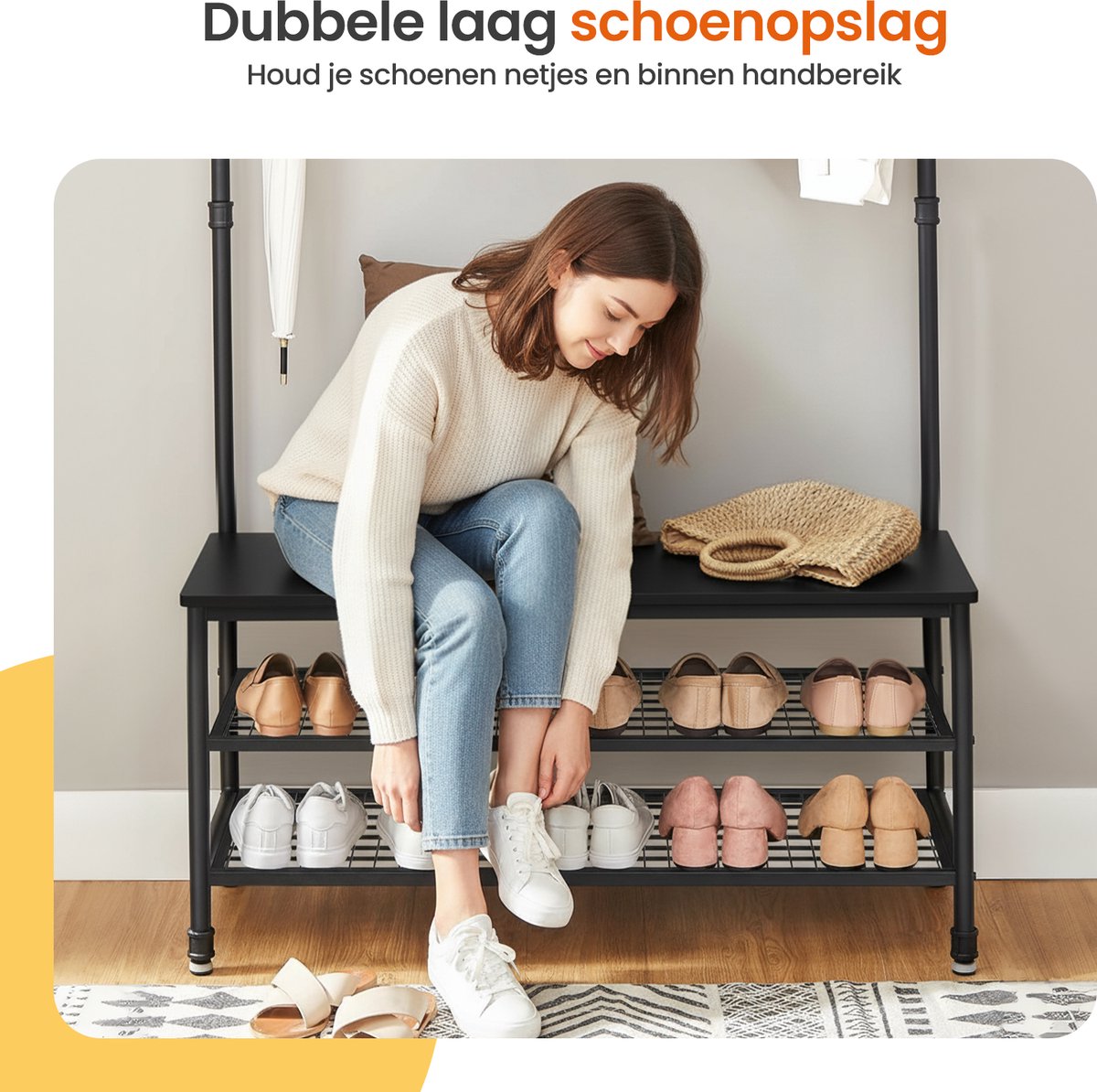 Goliving Kapstok XL – Garderoberek – Schoenenrek – Kledingrek – Staand – Industriële kast – Metaal/Hout – 100 x 41.5 x 182 cm – Zwart – foto 2