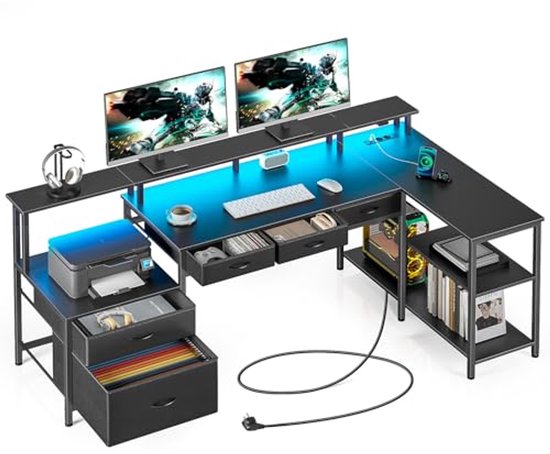 Seventable Computerbureau met stopcontacten en LED-licht, 99 cm thuiskantoor bureau met 5 laden, schrijfbureau met monitorstandaard, werkbureau voor thuiskantoor, zwart