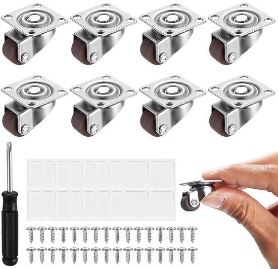 Meubelwielen 25mm - Set van 8 stuks, Zwenkwielen met 360 graden