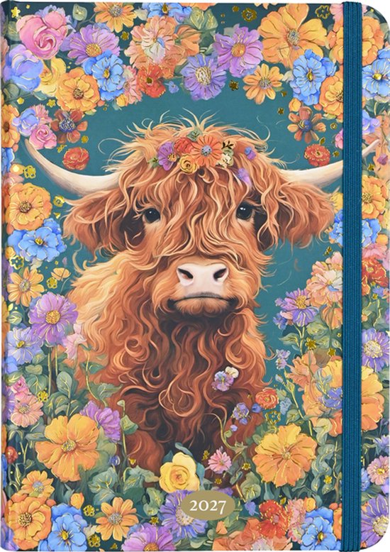 Planner met een schotse hooglander die een bloemenkrans draagt, omringd door kleurrijke bloemen.