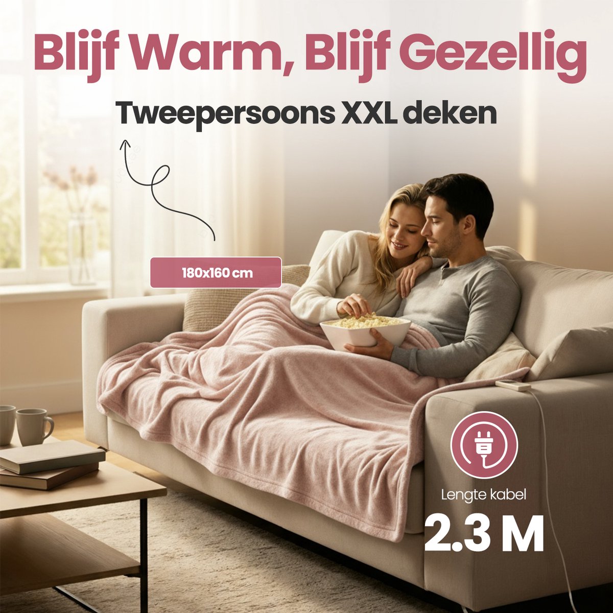 STAUS&BACH Elektrische deken 3XL - 2 persoons bovendeken - Dubbelzijdig Fleece Sherpa Warmtedeken - Champagne roze - 180x160 cm PowerNap – foto 8