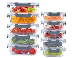 Glazen Voedselopslagcontainers Set - 10 Stuks met Kliksluitingen - Luchtdichte Maaltijdvoorbereiding, Magnetron, Oven, Vriezer en Vaatwasmachinebestendig