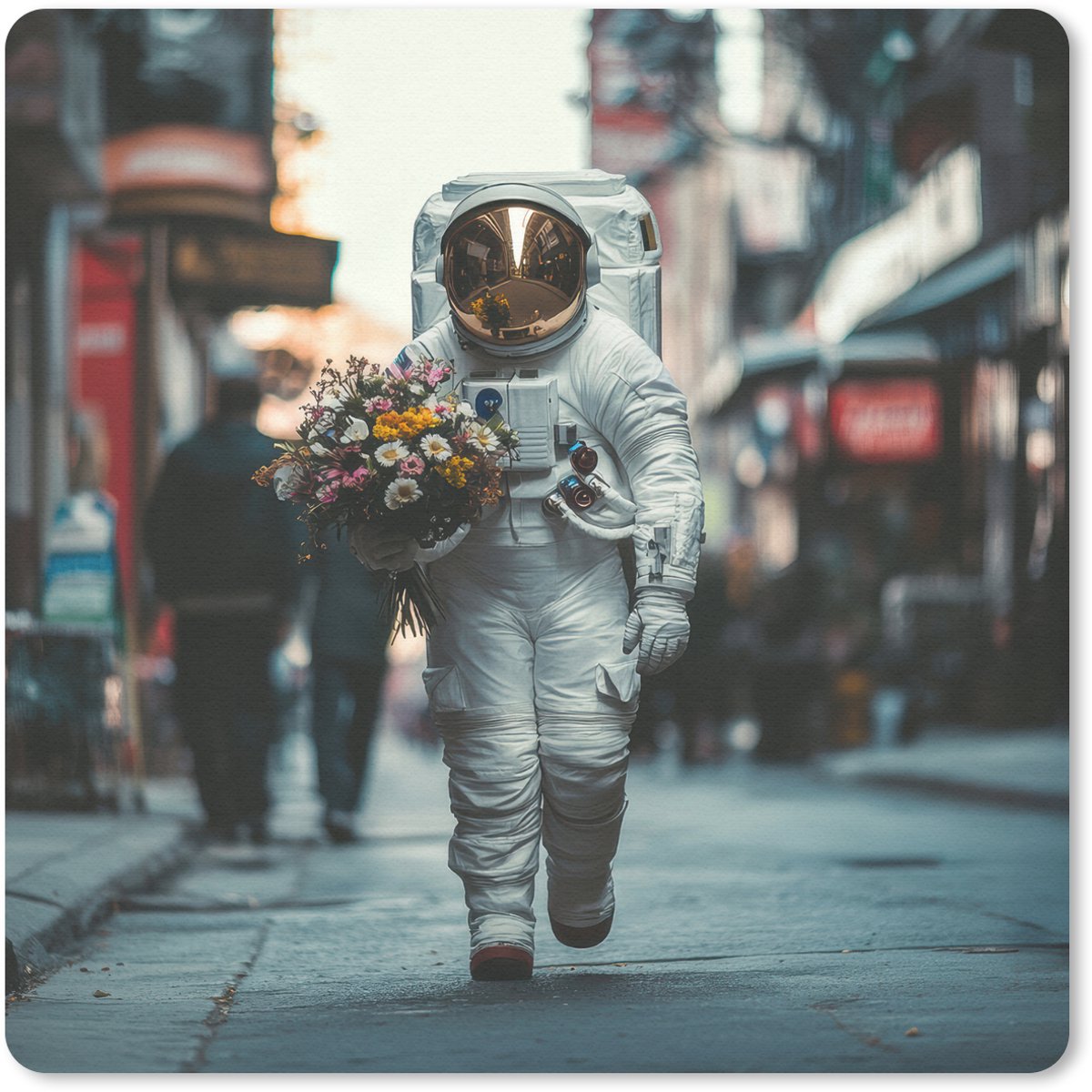 Muismat 30x30 cm - Mousepad Boeket - Bloemen - Kleurrijk - Astronaut - Muismatten