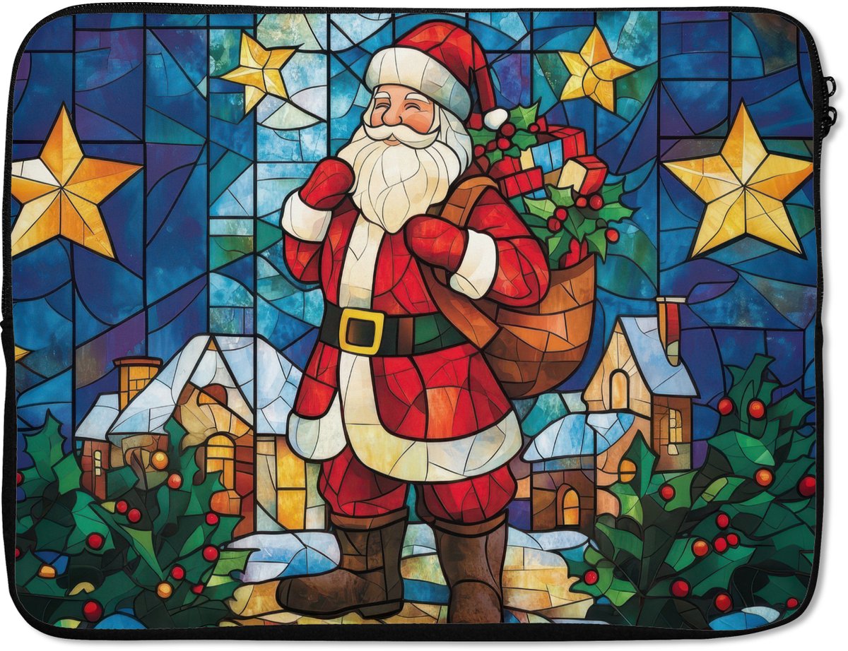 Laptophoes 15.6 inch - Kerstman - Glas - Kleurrijk - Laptop sleeve - Binnenmaat 37x26 cm - Zwarte achterkant