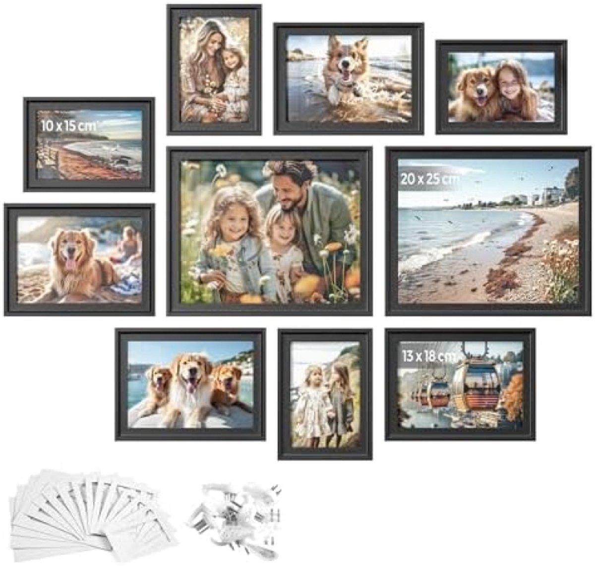 PromoHome Fotolijsten Set van 10 met Matten - Elegante Zwarte Wanddecoratie