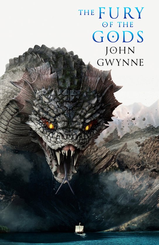Boekomslag met de titel 'The Fury of the Gods' door John Gwynne. Een grote, geschubde drakenkop domineert de afbeelding boven een klein schip op het water.