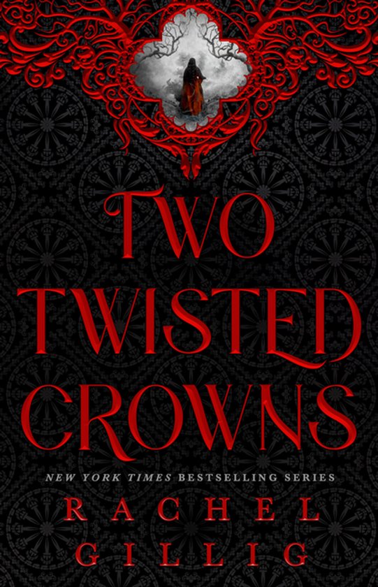 Boekcover van "Two Twisted Crowns" met rode, sierlijke letters op een zwart patroon. Bovenin een figuur in een oranje cape.