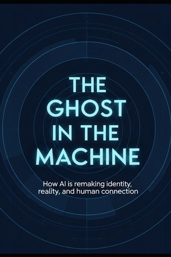Boekomslag: 'The Ghost in the Machine', met de subtitel 'How AI is remaking identity, reality, and human connection'. Donkere achtergrond met blauwe cirkels.