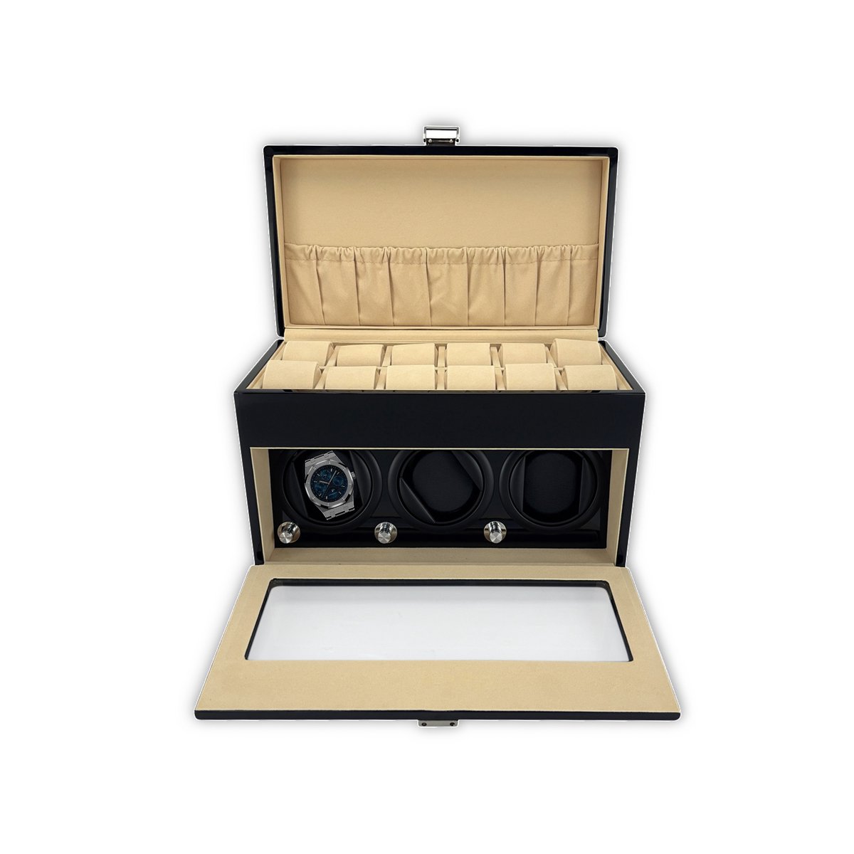 Leader Luxe Watchwinder voor 3(+12) horloges - Horloge opwinder - horloge box - Zwart