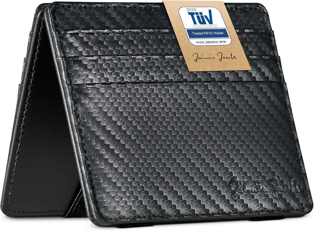 Jaimie Jacobs Flap Boy Slim - The Original - Magische portemonnee Slanke portemonnee RFID-bescherming voor mannen Geldclip Kleine slanke portemonnee Cadeau Echt leer Flap Boy Slim, 06 Carbon