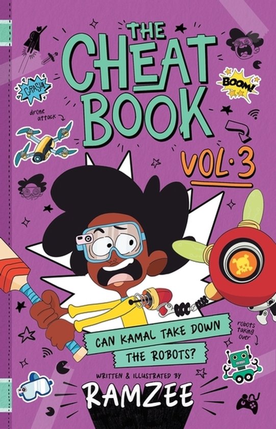 De cover van 'The Cheat Book Vol. 3' toont Kamal die robots bevecht met een bat en een blikopener. Geschreven en geïllustreerd door Ramzee.