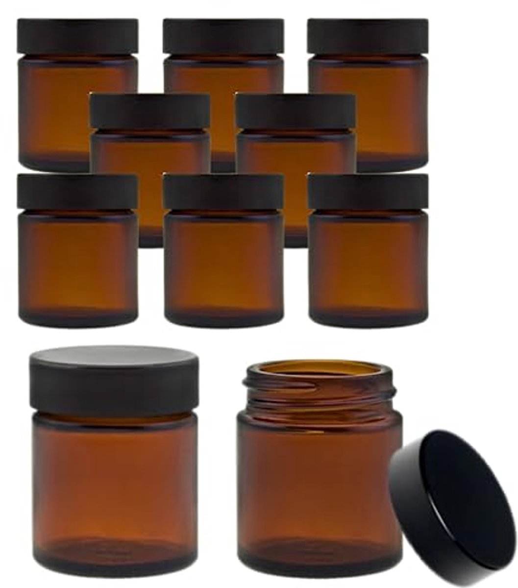 10 kleine glazen potjes 30 ml van bruin glas incl. etiketten