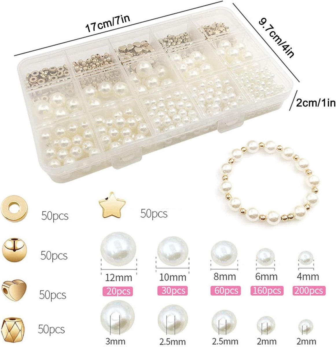 750-delige Kralenset - voor het maken van sieraden - Parels Kralen set - Kralenset in Diverse Maten - Vormen in Handige Sorteerdoos - voor het zelf maken — afbeelding 4