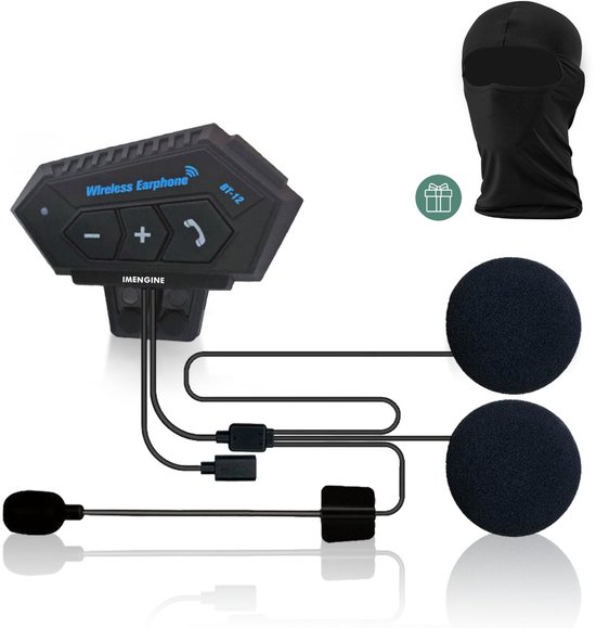 IMENGINE® Bluetooth Motorhelm Headset – Inclusief GRATIS Bivakmuts - IP67 Waterdicht – 12u Praattijd – Helder Geluid – Draadloos Communicatiesysteem – Geschikt voor alle Helmen – vaderdag cadeau - One Size – Zwart