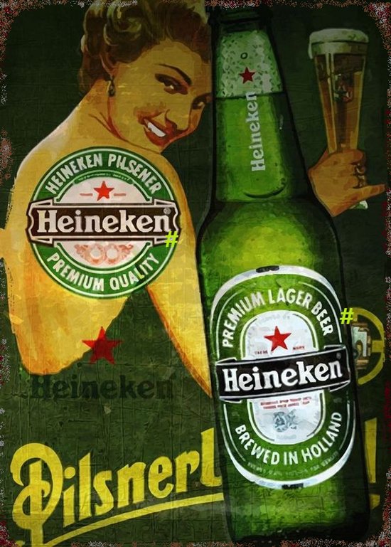 Heineken Pilsener Vintage Metalen Wandbord, Maat:20x30 cm - Drank-Werkplaats-Garage-Classic Car-oldtimer-Man Cave-Wandbord Mancave-Kroeg decoratie-Tekstbord-Metalen wanddecoratie
