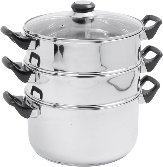 DailySupplies® Stoompan - Stoommandje - Stoofpan met Deksel - 3 Laags - Zilver met Zwart