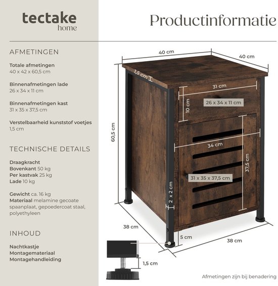 tectake - Table de chevet Waterford - 40x42x60.5cm - industriel - marron foncé - 404724