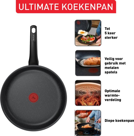 Tefal Ultimate koekenpan met gedetailleerde afbeeldingen en tekst.