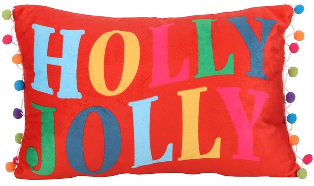 Something Different Vibrant Rood 'Holly Jolly' Kerstkussen met Pom Poms - Sfeervol Sierkussen met Kleurrijke Tekst - 25 x 40 cm Multicolours